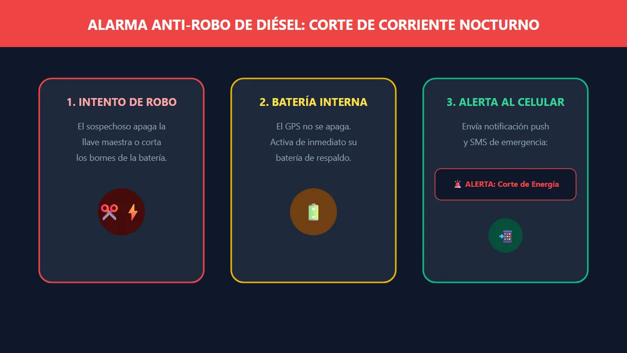 Alerta de desconexión de batería anti robo de diesel en faena