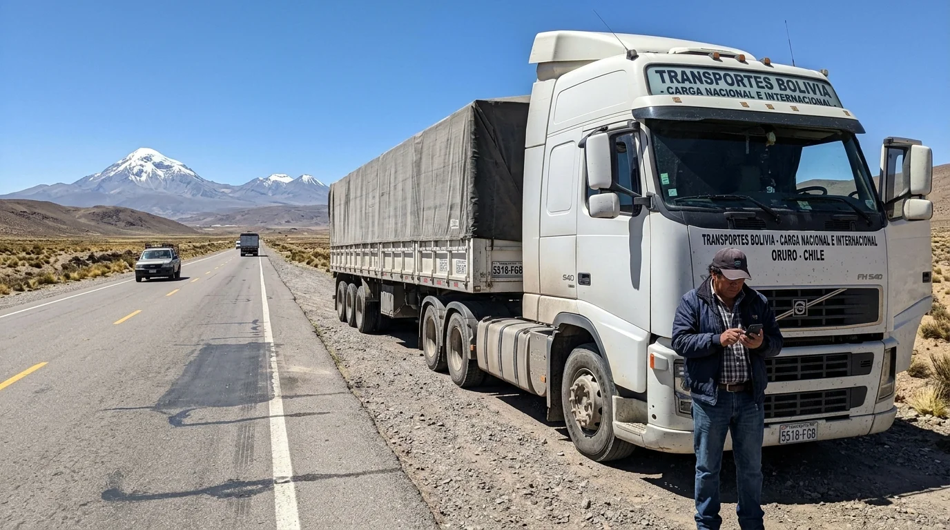 Camion de carga internacional en carretera Tambo Quemado hacia Arica